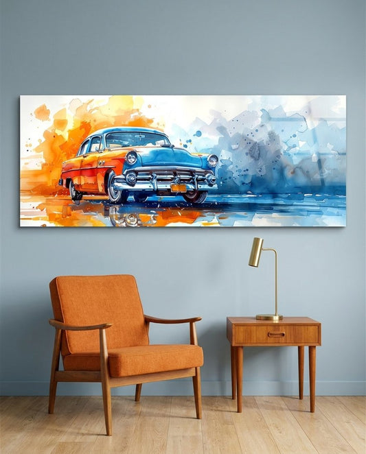 Vintage Car Watercolor Glass Wall Art (36"x14")