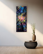 An upward view into a forest canopy glowing with iridescent, dreamlike rainbow light. panoramic glass wall art A