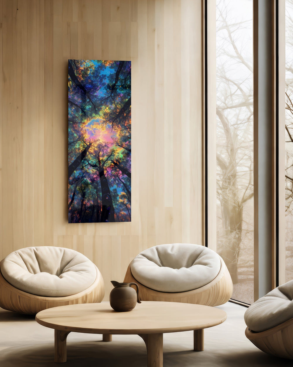 An upward view into a forest canopy glowing with iridescent, dreamlike rainbow light. panoramic glass wall art C