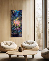 An upward view into a forest canopy glowing with iridescent, dreamlike rainbow light. panoramic glass wall art C