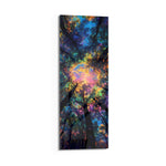 An upward view into a forest canopy glowing with iridescent, dreamlike rainbow light. panoramic glass wall art D