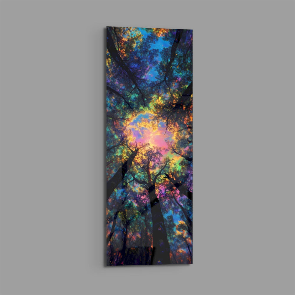 An upward view into a forest canopy glowing with iridescent, dreamlike rainbow light. panoramic glass wall art E