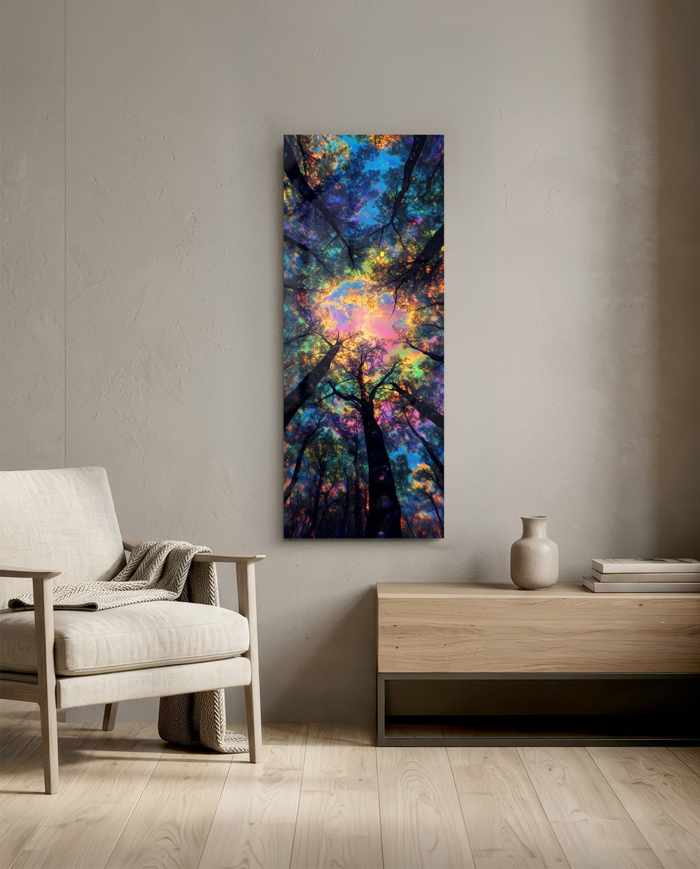 An upward view into a forest canopy glowing with iridescent, dreamlike rainbow light. panoramic glass wall art F