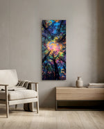 An upward view into a forest canopy glowing with iridescent, dreamlike rainbow light. panoramic glass wall art F