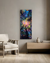 An upward view into a forest canopy glowing with iridescent, dreamlike rainbow light. panoramic glass wall art F