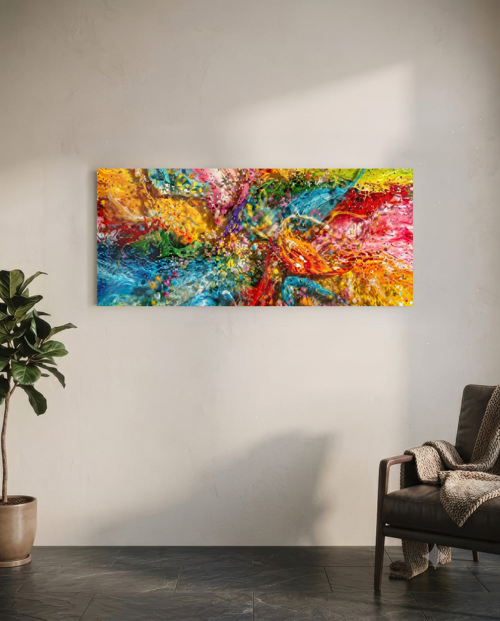 An explosive abstract of poured and splattered rainbow paint in rich, glossy colour. panoramic glass wall art C
