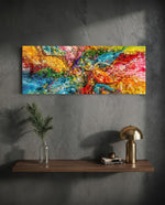 An explosive abstract of poured and splattered rainbow paint in rich, glossy colour. panoramic glass wall art D