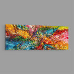 An explosive abstract of poured and splattered rainbow paint in rich, glossy colour. panoramic glass wall art E
