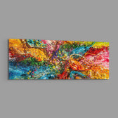 An explosive abstract of poured and splattered rainbow paint in rich, glossy colour. panoramic glass wall art E
