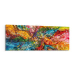 An explosive abstract of poured and splattered rainbow paint in rich, glossy colour. panoramic glass wall art F