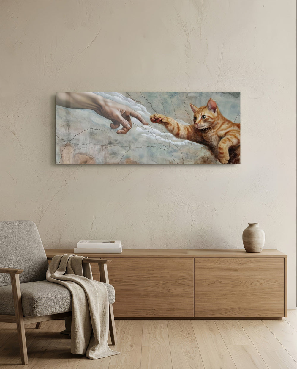 A ginger tabby kitten stretching a paw toward a reaching human hand across a cracked fresco sky panoramic glass wall art A