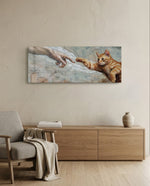 A ginger tabby kitten stretching a paw toward a reaching human hand across a cracked fresco sky panoramic glass wall art A