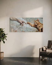 A ginger tabby kitten stretching a paw toward a reaching human hand across a cracked fresco sky panoramic glass wall art C