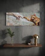 A ginger tabby kitten stretching a paw toward a reaching human hand across a cracked fresco sky panoramic glass wall art D