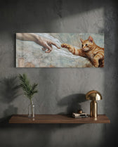 A ginger tabby kitten stretching a paw toward a reaching human hand across a cracked fresco sky panoramic glass wall art D