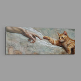 A ginger tabby kitten stretching a paw toward a reaching human hand across a cracked fresco sky panoramic glass wall art E