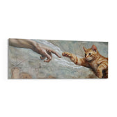 A ginger tabby kitten stretching a paw toward a reaching human hand across a cracked fresco sky panoramic glass wall art F