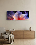 A macro abstract flower with flowing violet, blue and coral-pink petals opening against a deep black background panoramic glass wall art A