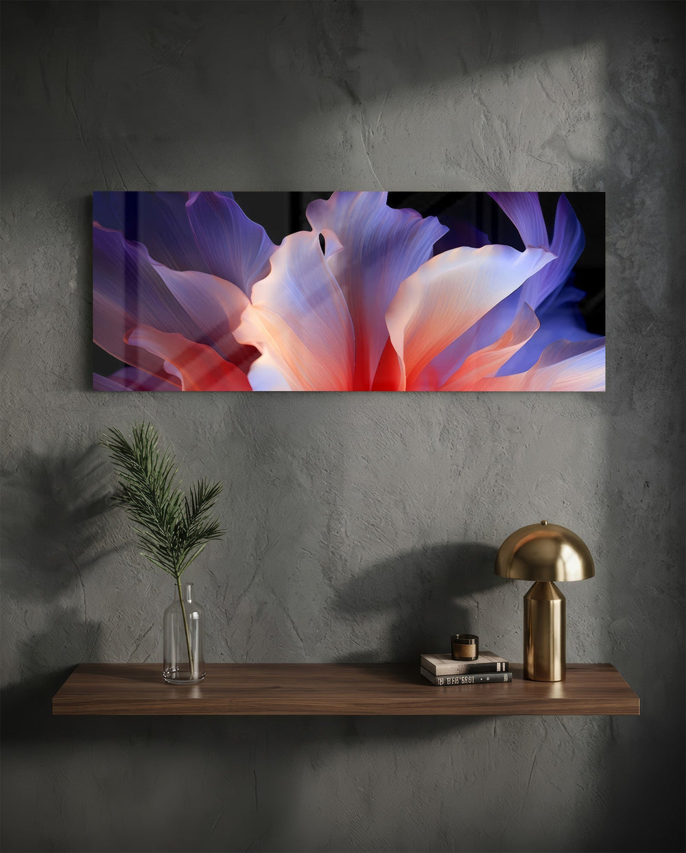 A macro abstract flower with flowing violet, blue and coral-pink petals opening against a deep black background panoramic glass wall art D