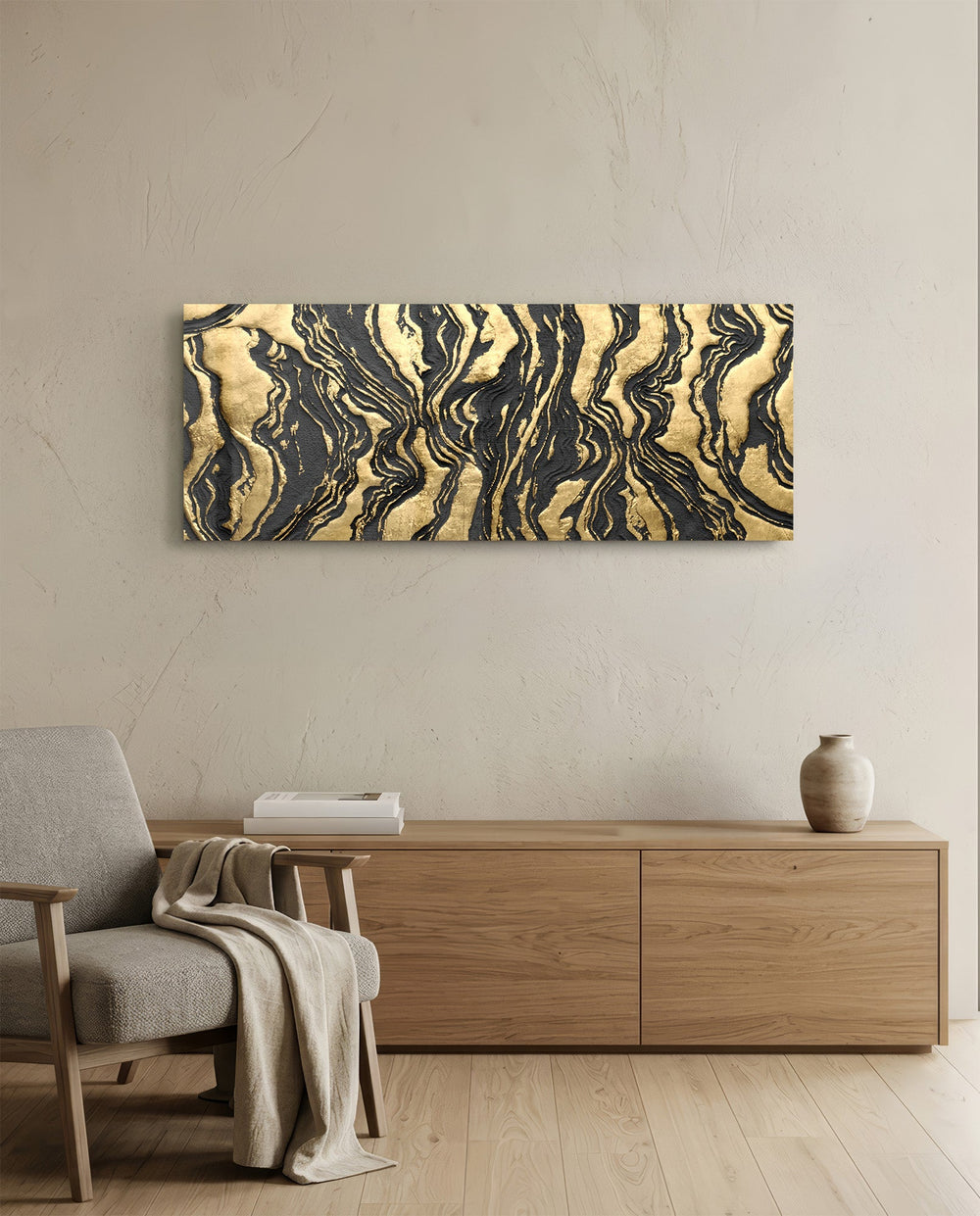 A luxurious abstract of black and gold marbled agate with rippling veins and textured gold-leaf swirls panoramic glass wall art A