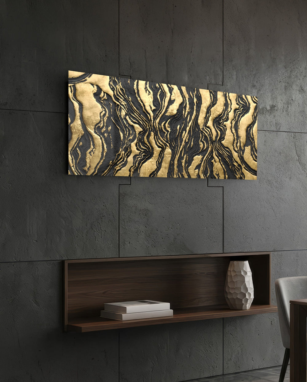 Black and Gold Marble Swirl Glass Wall Art (36"x14")
