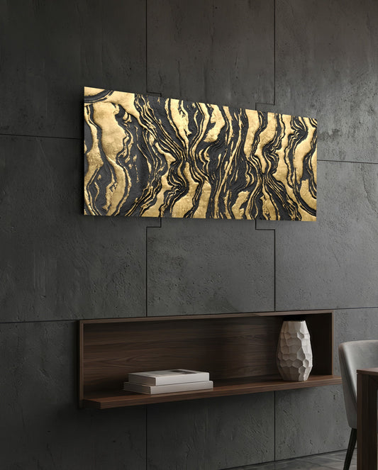 Black and Gold Marble Swirl Glass Wall Art (36"x14")