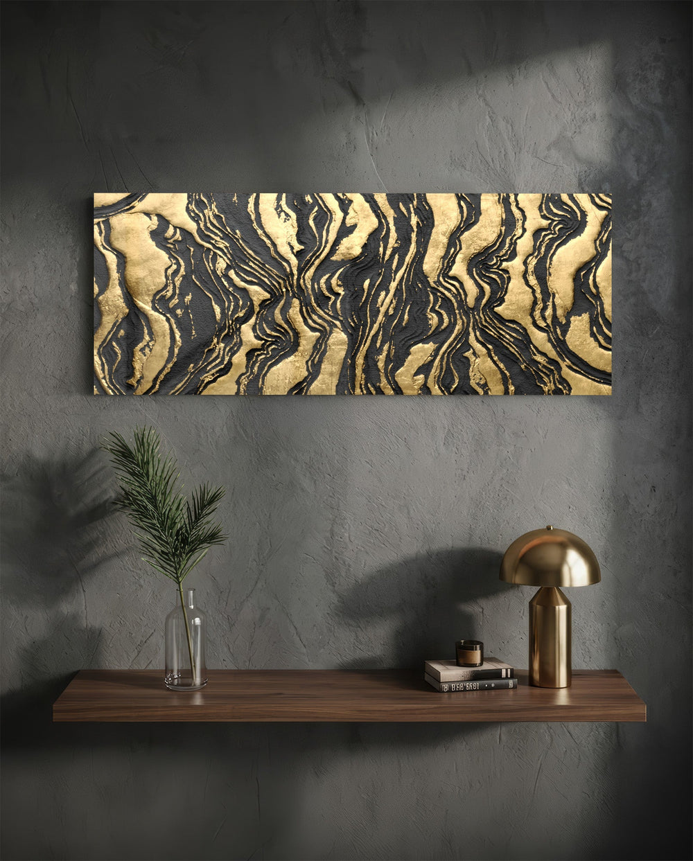 A luxurious abstract of black and gold marbled agate with rippling veins and textured gold-leaf swirls panoramic glass wall art D