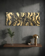 A luxurious abstract of black and gold marbled agate with rippling veins and textured gold-leaf swirls panoramic glass wall art D