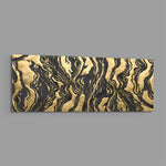 A luxurious abstract of black and gold marbled agate with rippling veins and textured gold-leaf swirls panoramic glass wall art E
