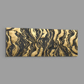 A luxurious abstract of black and gold marbled agate with rippling veins and textured gold-leaf swirls panoramic glass wall art E