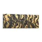 A luxurious abstract of black and gold marbled agate with rippling veins and textured gold-leaf swirls panoramic glass wall art F