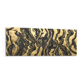 A luxurious abstract of black and gold marbled agate with rippling veins and textured gold-leaf swirls panoramic glass wall art F