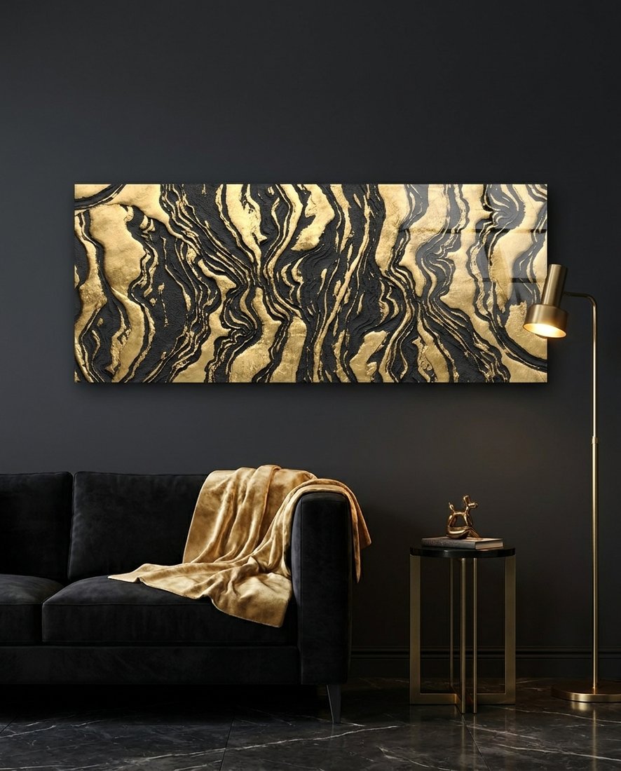 Black and Gold Marble Swirl Glass Wall Art (36"x14")