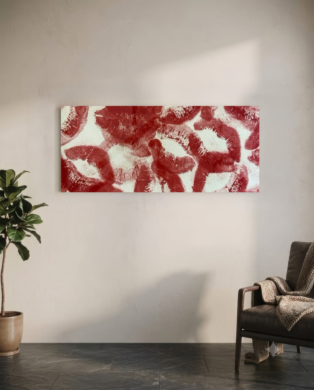 A scattered pattern of deep red lipstick kiss prints stamped across a creamy white surface panoramic glass wall art C