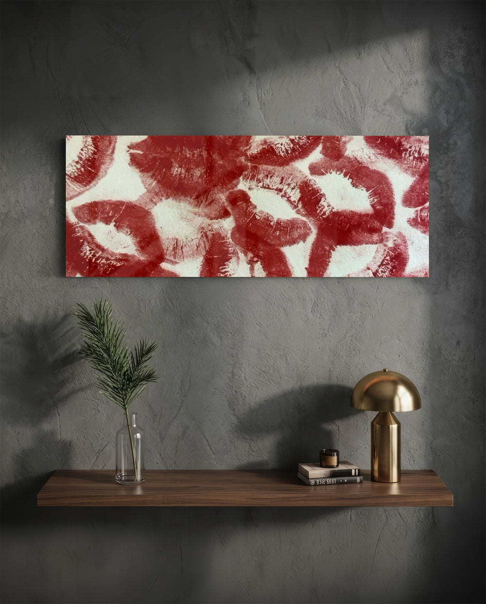 A scattered pattern of deep red lipstick kiss prints stamped across a creamy white surface panoramic glass wall art D