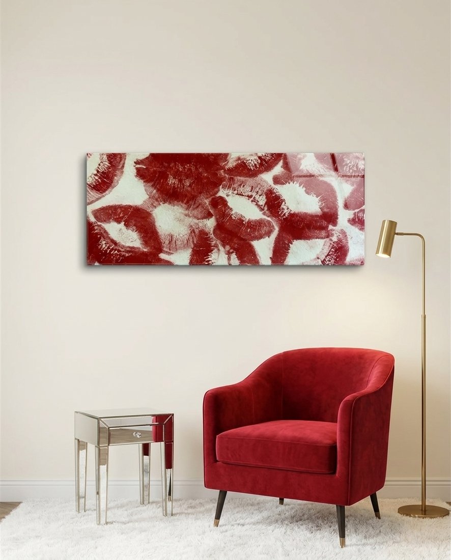 Red Lip Kiss Marks Glass Wall Art (36"x14")