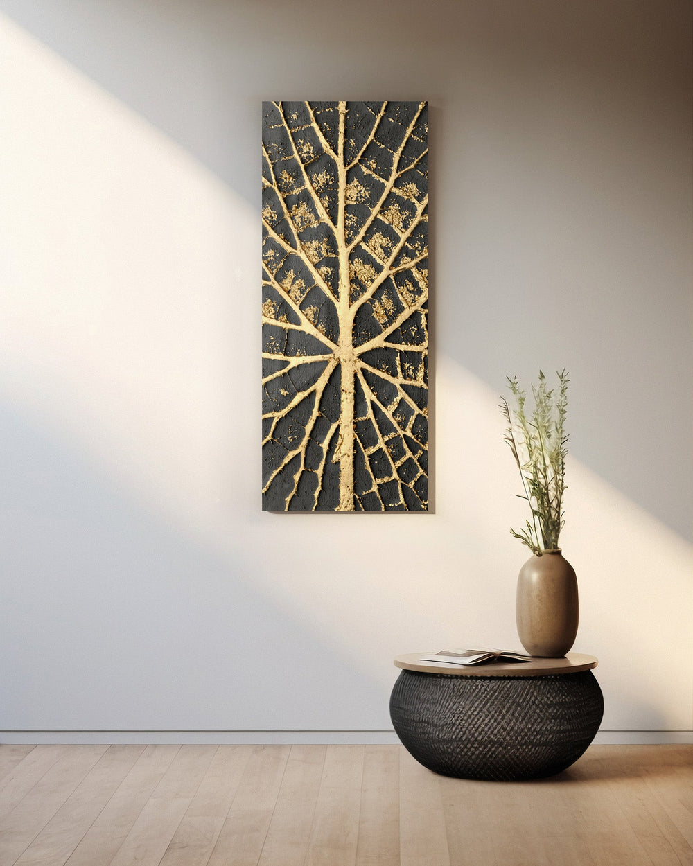A textured gold tree of life spreading radiating branch-and-vein lines across a dark charcoal background panoramic glass wall art A