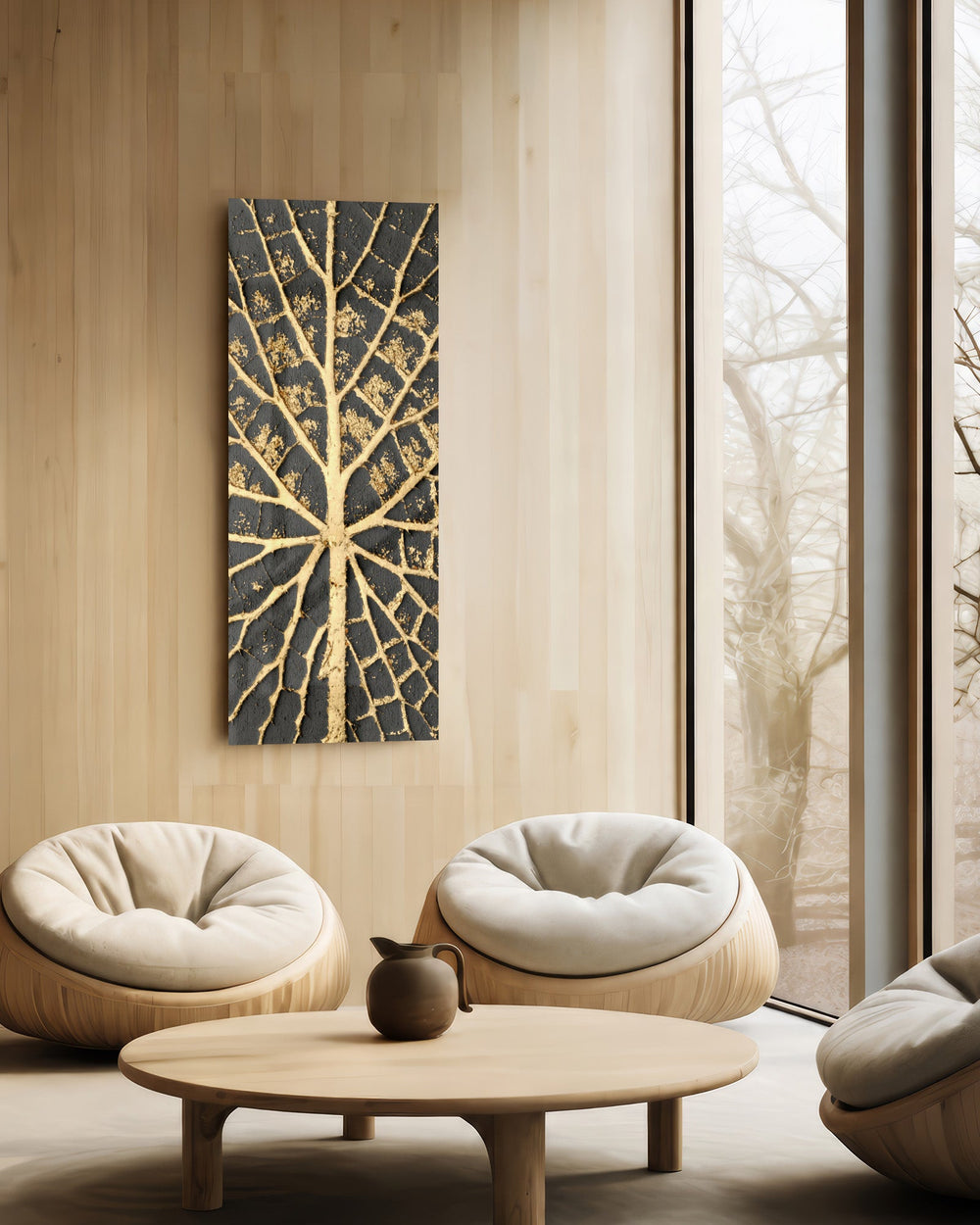A textured gold tree of life spreading radiating branch-and-vein lines across a dark charcoal background panoramic glass wall art C