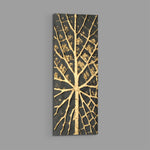 A textured gold tree of life spreading radiating branch-and-vein lines across a dark charcoal background panoramic glass wall art E