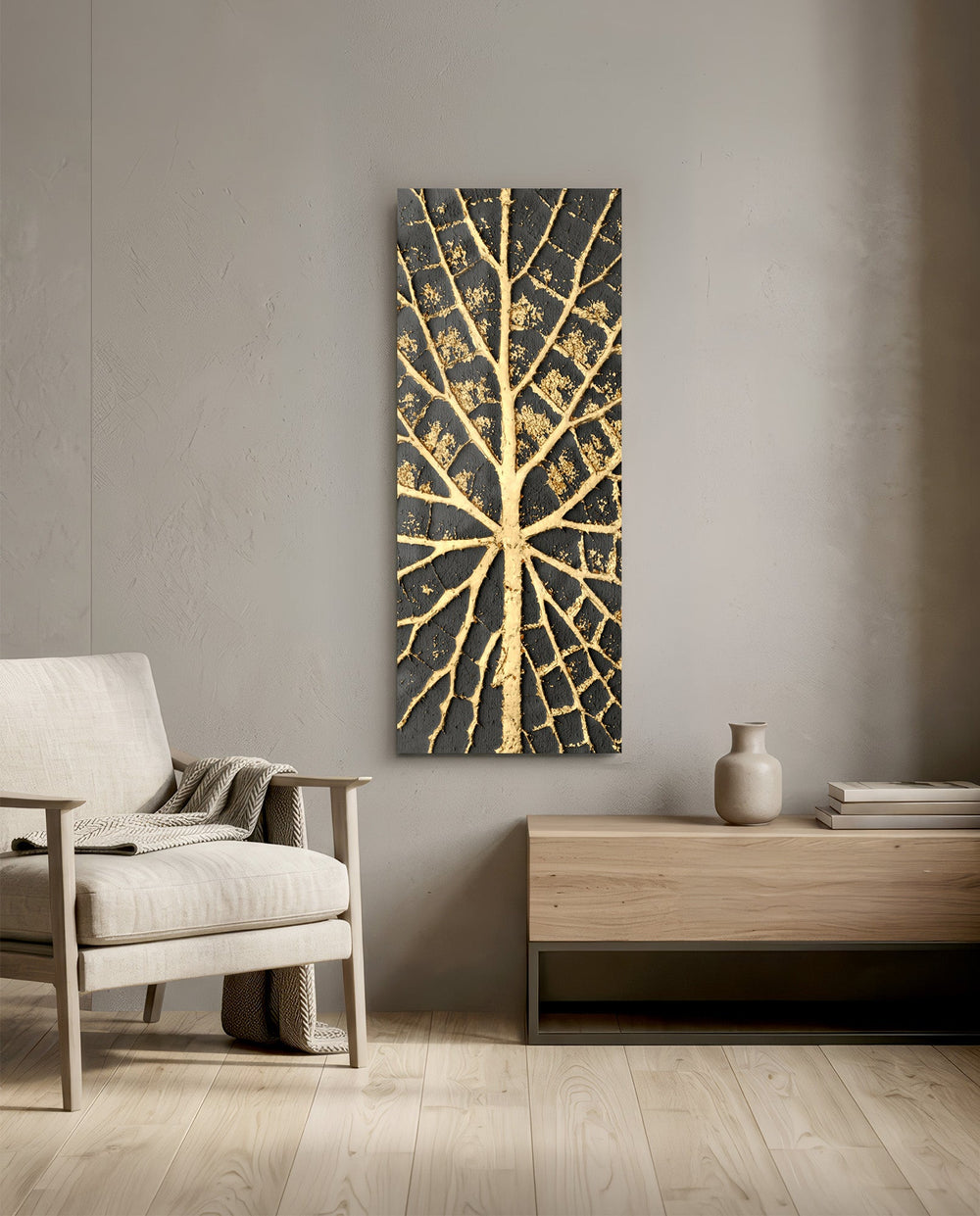 A textured gold tree of life spreading radiating branch-and-vein lines across a dark charcoal background panoramic glass wall art F