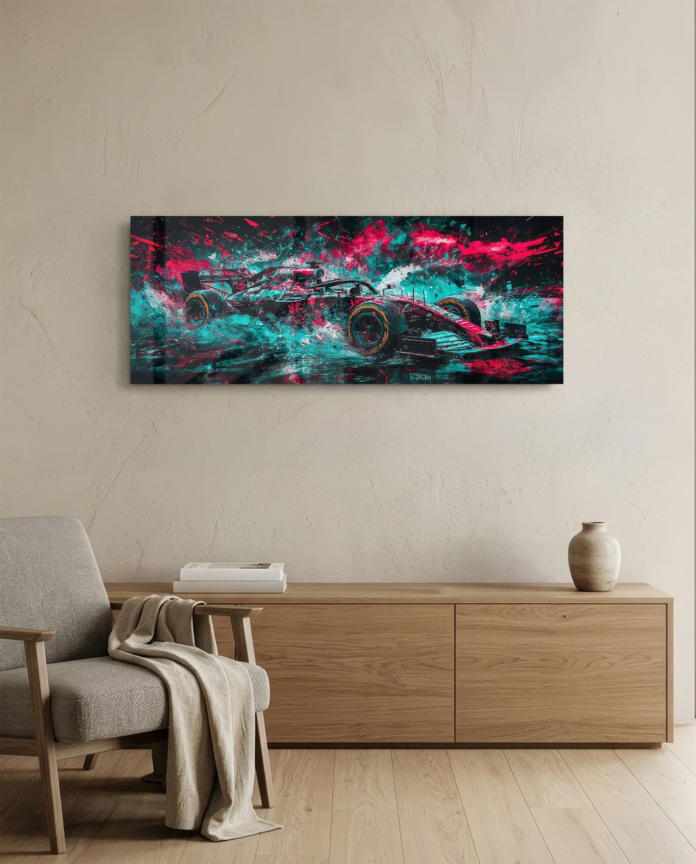 A single-seat open-wheel race car bursting through an explosive splash of teal and magenta paint panoramic glass wall art A