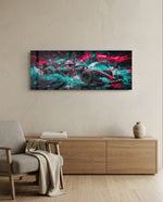 A single-seat open-wheel race car bursting through an explosive splash of teal and magenta paint panoramic glass wall art A