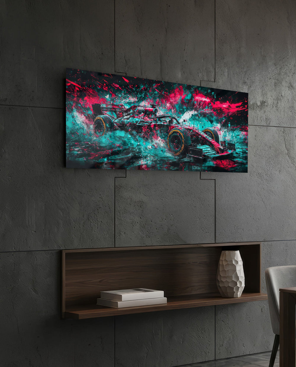 Neon Splash Race Car Glass Wall Art (36"x14")