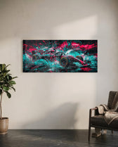 A single-seat open-wheel race car bursting through an explosive splash of teal and magenta paint panoramic glass wall art C