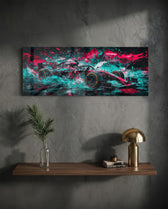 A single-seat open-wheel race car bursting through an explosive splash of teal and magenta paint panoramic glass wall art D