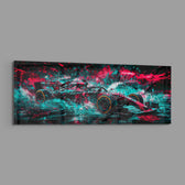 A single-seat open-wheel race car bursting through an explosive splash of teal and magenta paint panoramic glass wall art E
