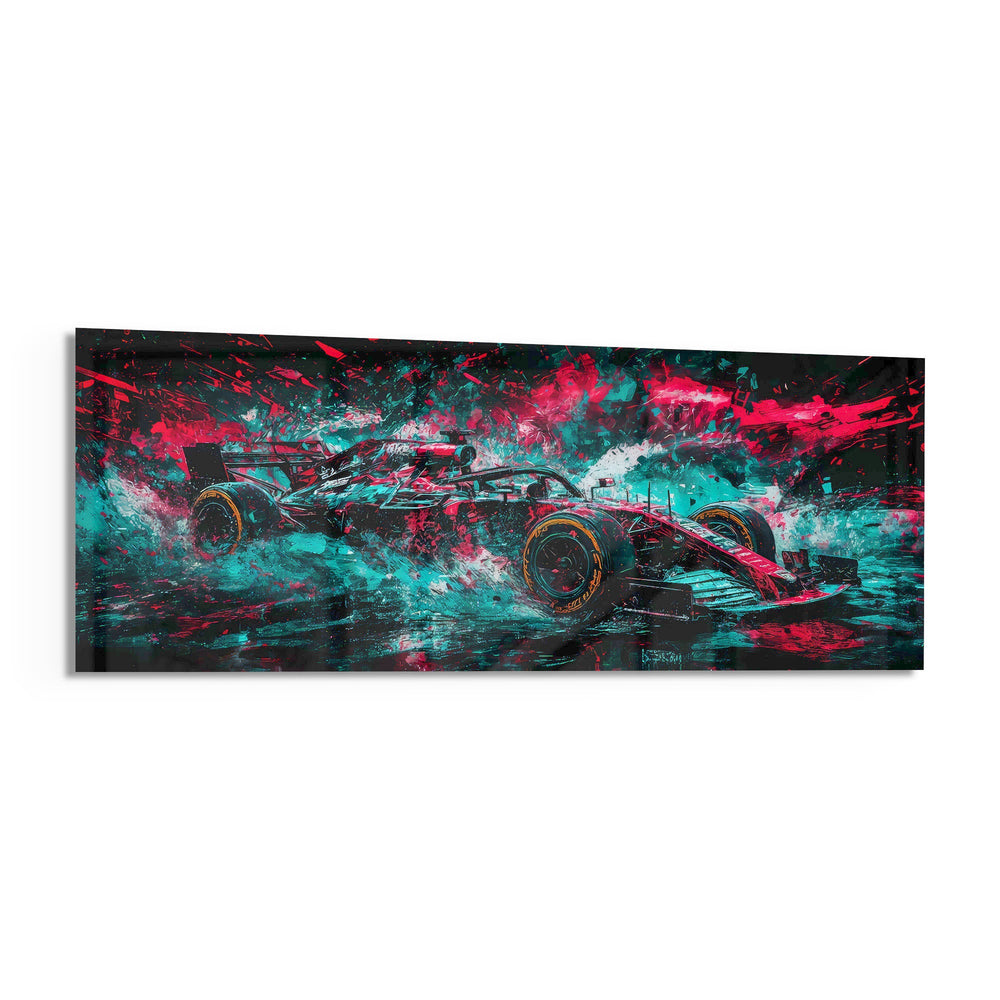 A single-seat open-wheel race car bursting through an explosive splash of teal and magenta paint panoramic glass wall art F
