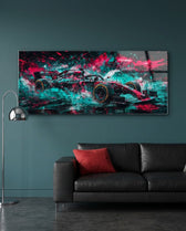 Neon Splash Race Car Glass Wall Art (36"x14")
