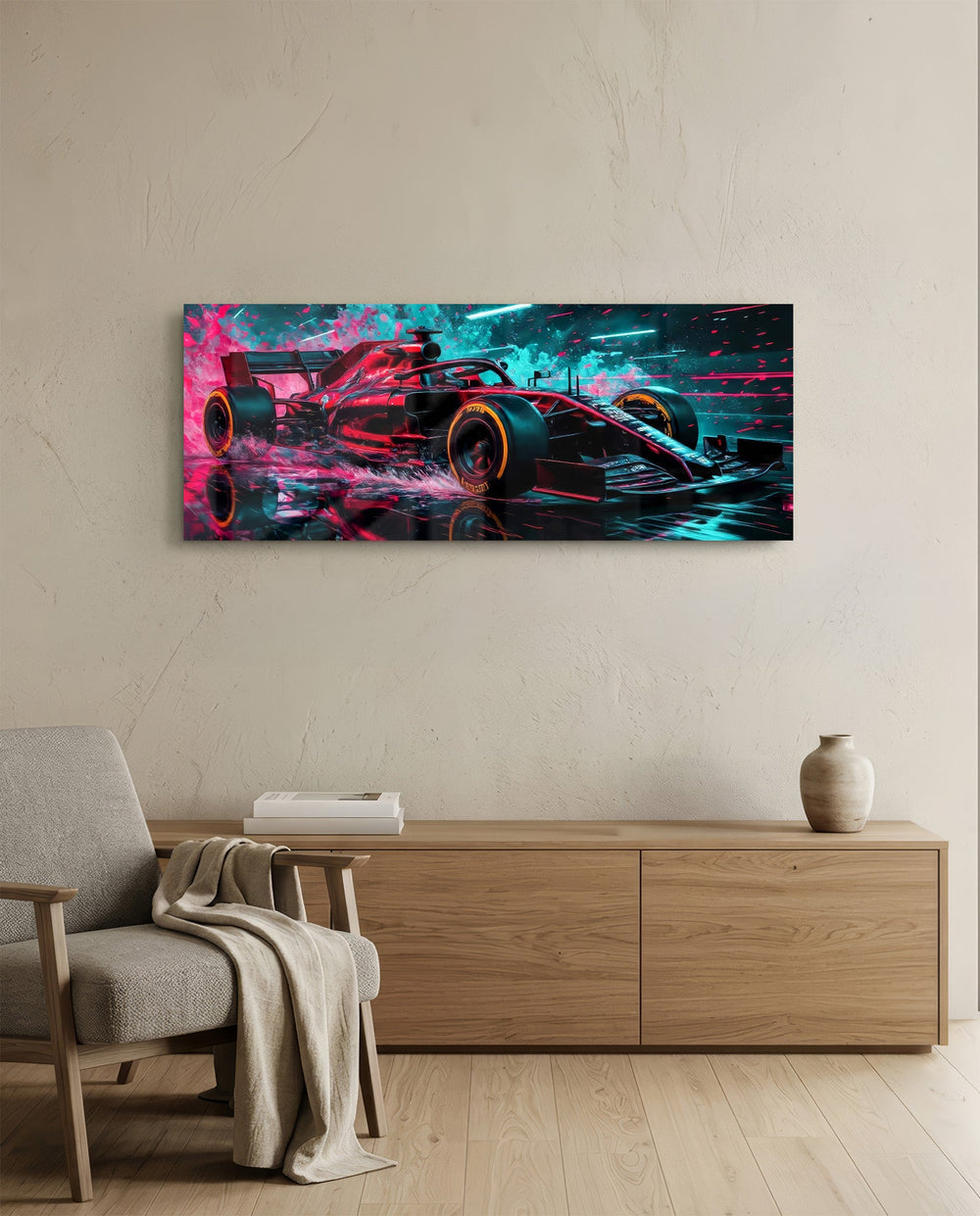 A red single-seat open-wheel race car in side profile speeding through a spray of pink and teal neon light panoramic glass wall art A