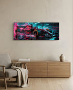 A red single-seat open-wheel race car in side profile speeding through a spray of pink and teal neon light panoramic glass wall art A